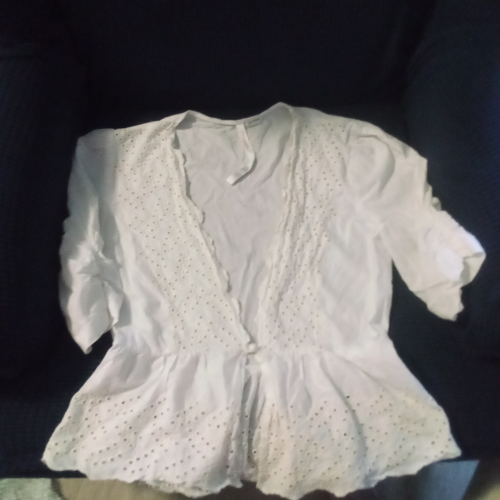 Renee C. White Eyelet  Peplum Blouse with Ruffled 3/4 Sleeves